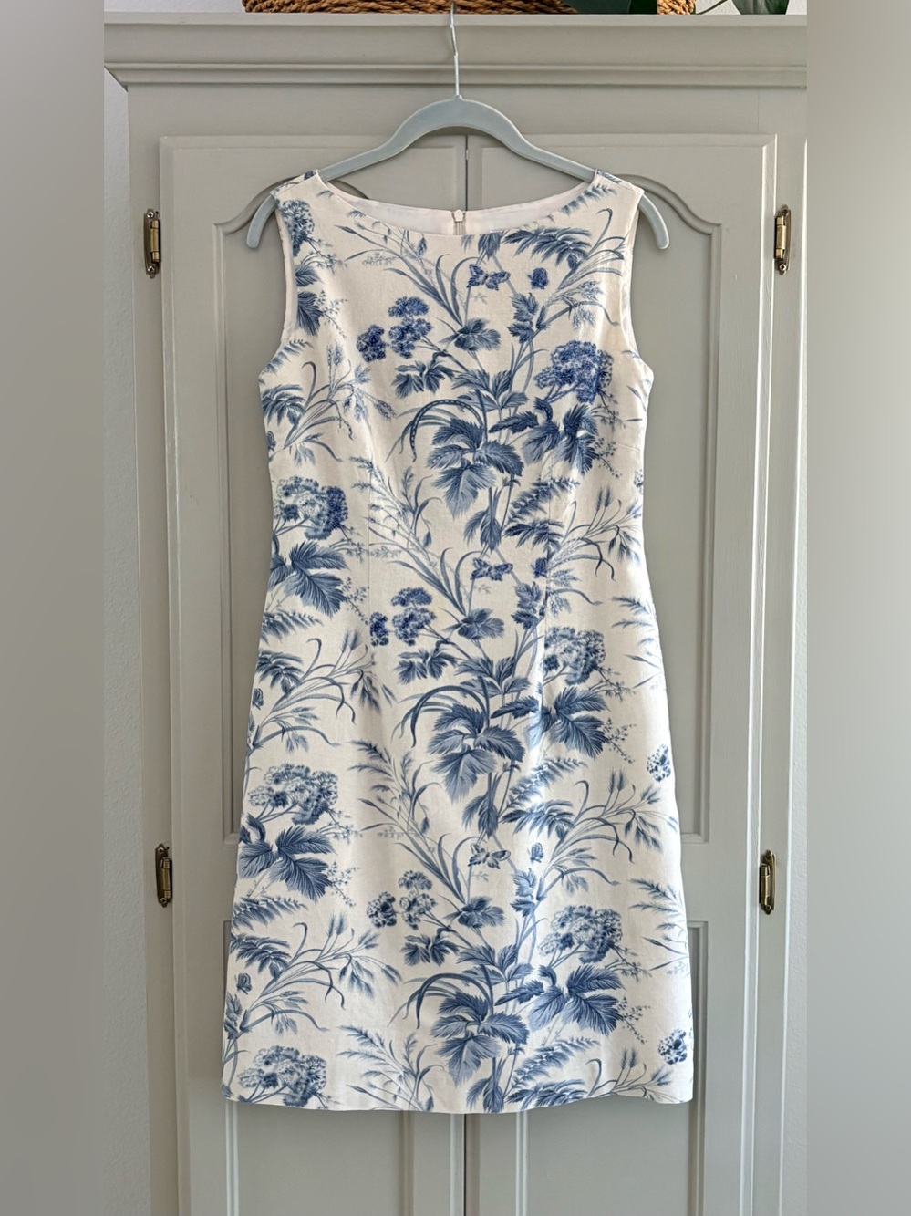 Vintage Jessica Howard Blue Floral Toile Linen Blend Beaded Sheath Dress Size 10